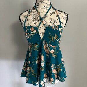 TURQUOISE FLORAL STRAPPY TANK TOP - SIZE SMALL